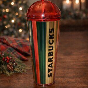 Starbucks 2024 Metallic Red Green Gold Stripe Dome Cup Limited Edition‎ w/straw